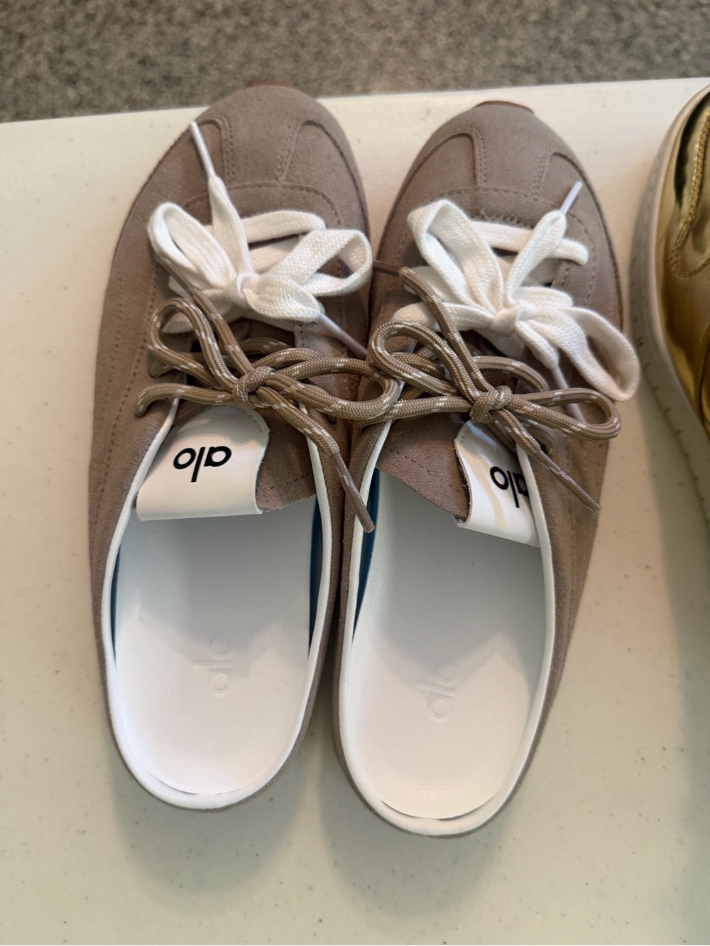ALO Yoga Taupe Suede Lace-Up Sneaker Mule with White Insole